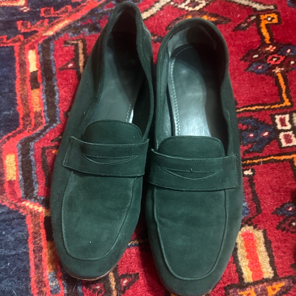 Mansur Gavriel Dark Green Suede Penny Loafers